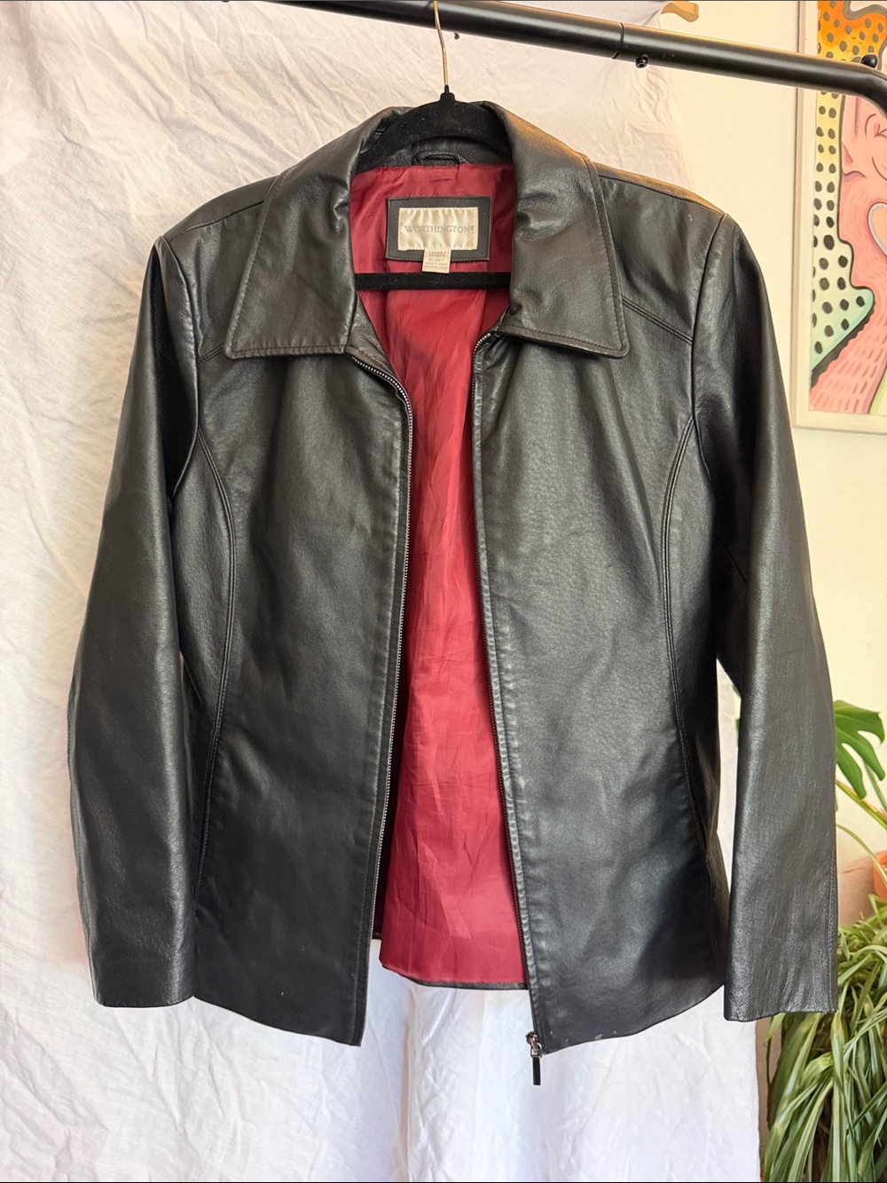 Worthington Black Leather Jacket with Red Lining
